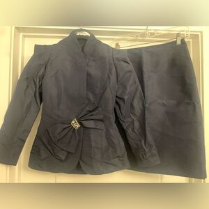 RARE TERI JON Vintage Women's Navy Blue Bow Taffeta Skirt Suit Set Size 2 XS XXS